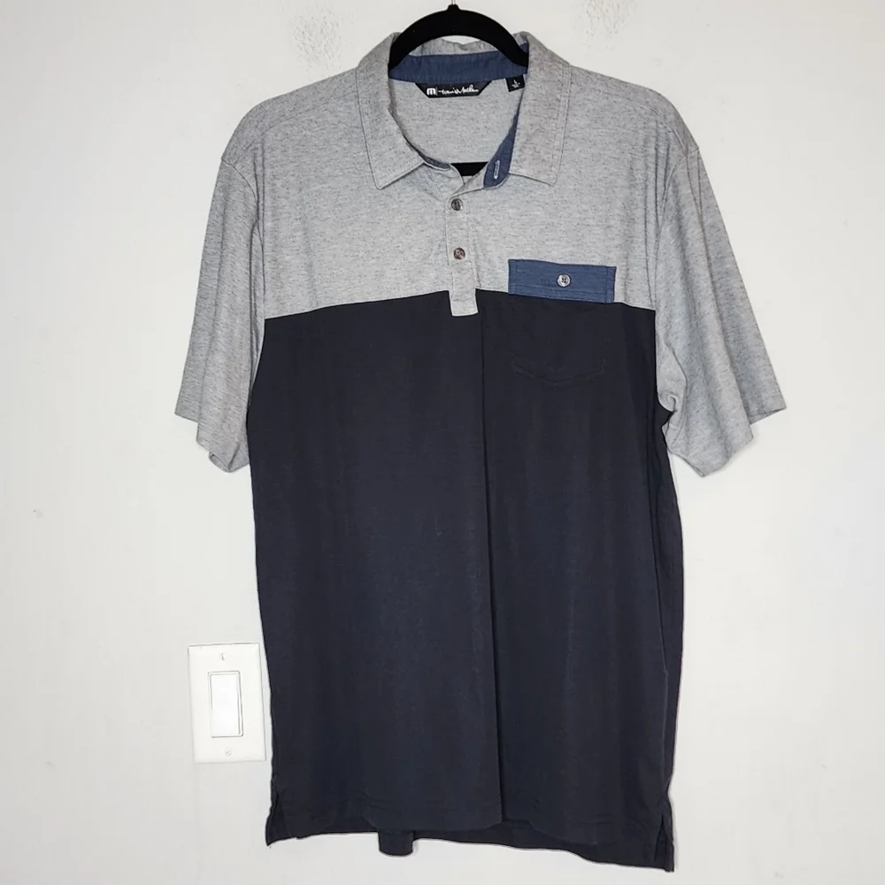 Travis Mathew Four B's Polo.‎ Grey navy blue. Men's size Large.